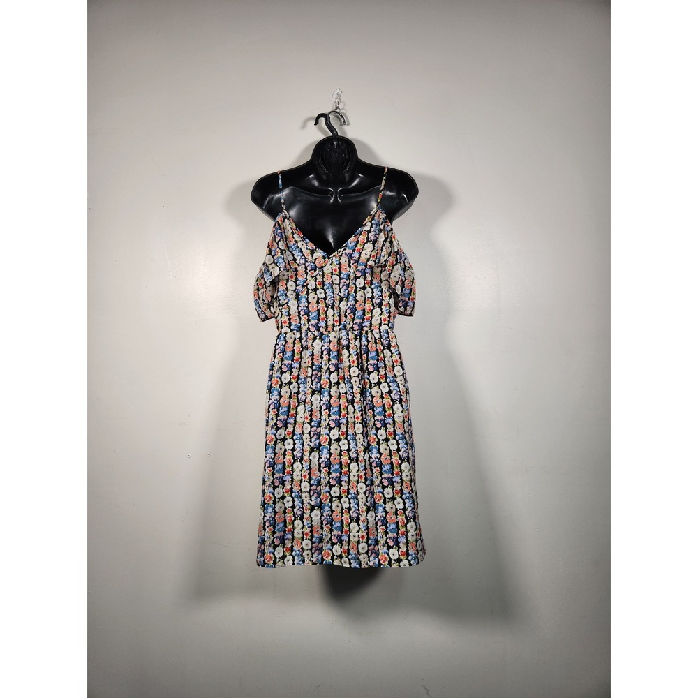 J.CREW MERCANTILE Floral Cold Shoulder Dress Women 12 Black Multi Ruffle Boho - Picture 3 of 12